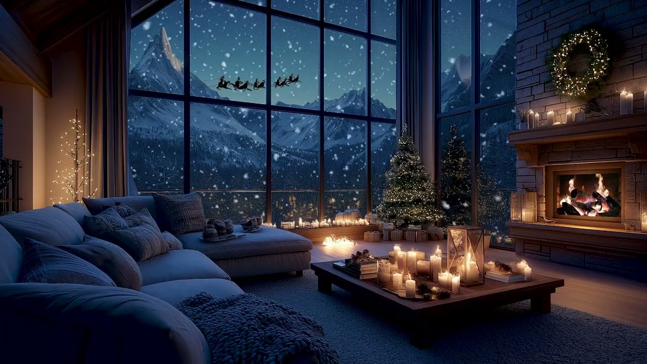 Warm Christmas Cabin Escape – Soothing Fireplace Sounds & Snowfall for Relaxation