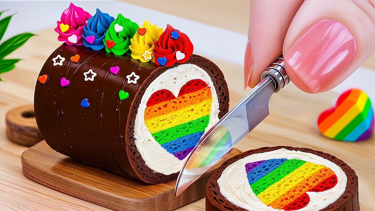 Rainbow Heart Roll Cake 🌈 | Satisfying Chocolate Swiss Roll Decoration by Tiny Food
