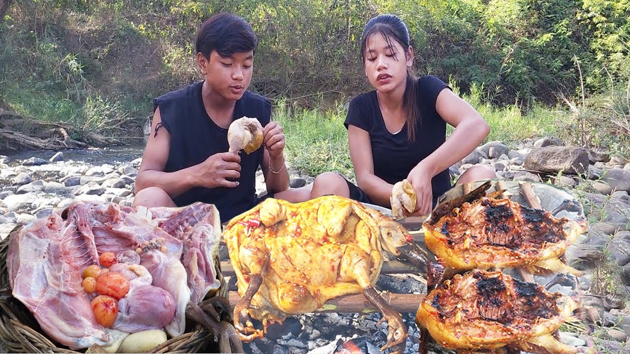 Duck grilled spices chili for jungle food, Octopus arm hot chili cooking for survival food