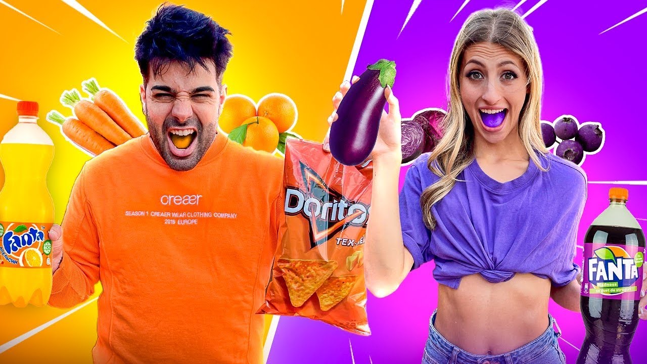 24 horas COMIENDO y VIVIENDO DE UN SOLO COLOR!! *Naranja vs Morado*