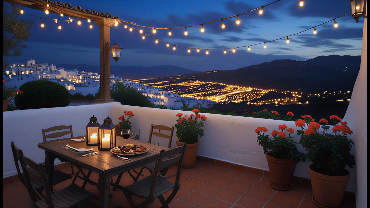 Spanish Rooftop Terrace at Night | Andalucian Village Lights & Relaxing Spanish Ambience
