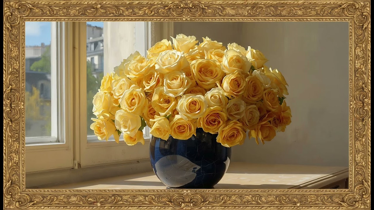 Yellow Roses Still Life Art Screensaver Sunlit Paris Apartment Floral TV Wallpaper Elegant Frame TV