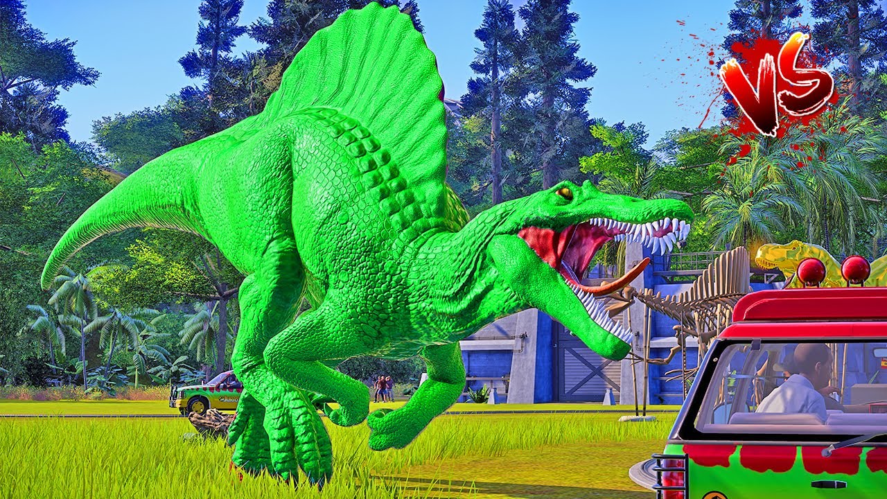 Can the Green Spinosaurus beat them all? T-Rex resists. Malusaursu vs Giganotosaurus