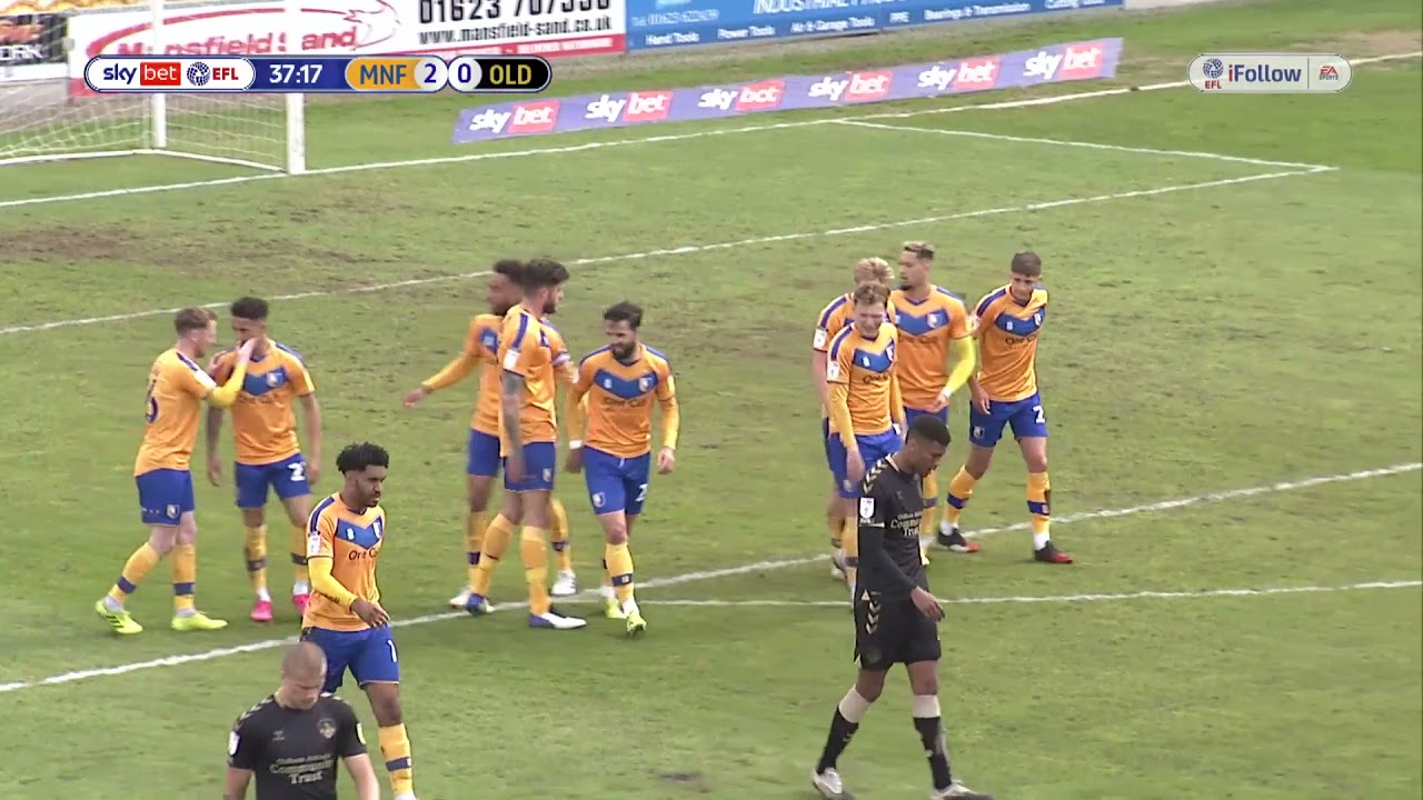 George Lapslie scores the second goal against Oldham
