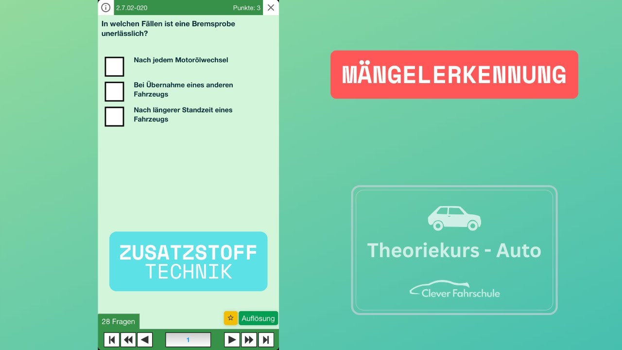 Zusatzstoff - Technik - Mängelerkennung - Theoriekurs Auto (B)