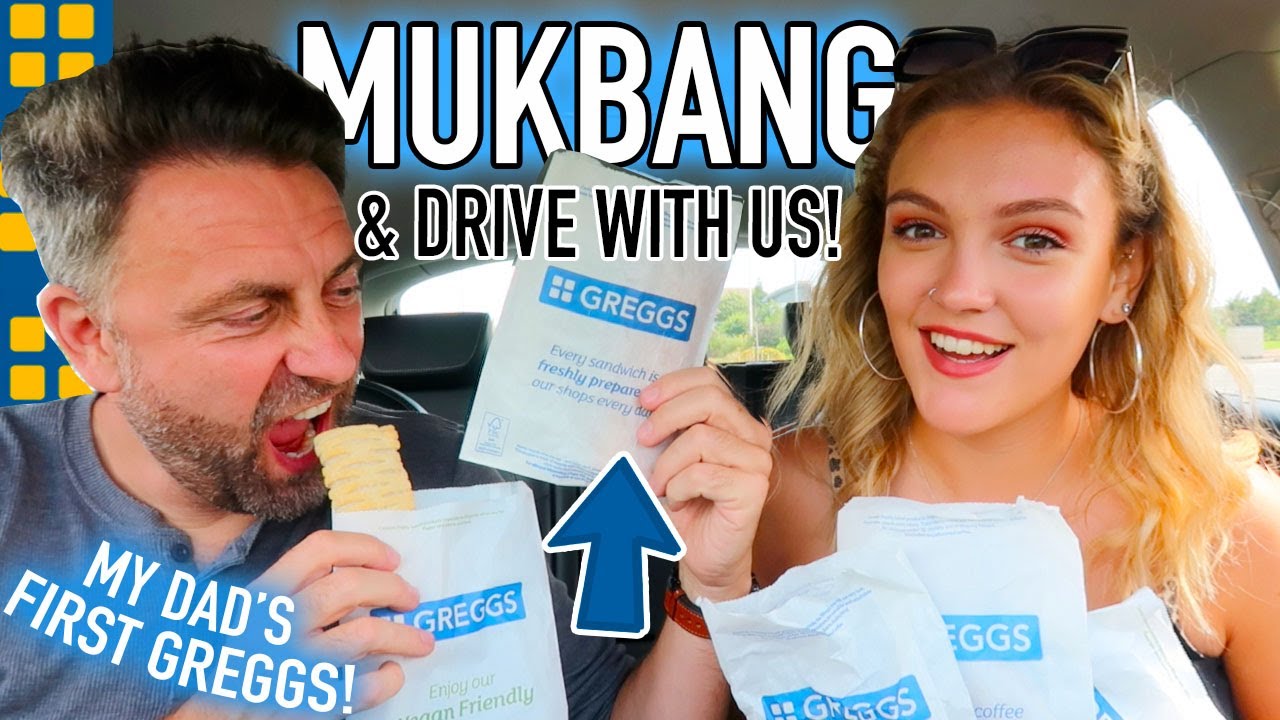MY DAD'S FIRST EVER TIME AT GREGGS! 😱 MUKBAG & DRIVE WITH US!