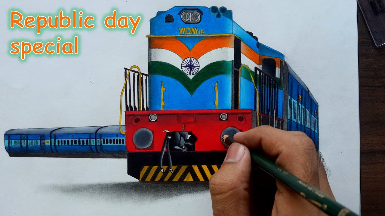 Drawing a train || Tricolour based WDM-3D locomotive hauled vintage Blue ICF train 🇮🇳🇮🇳