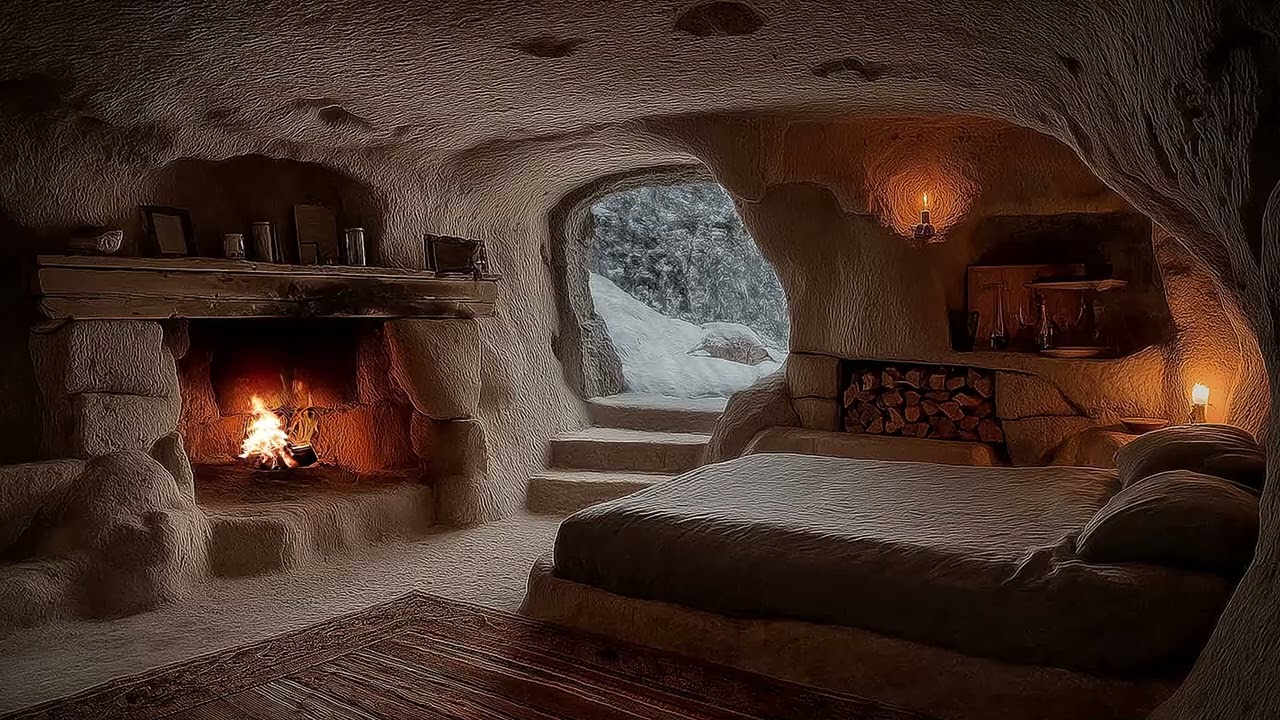 Soothing Cozy Winter Cave Ambience ❄️ | Fireplace Crackling & Blizzard Sounds for Sleep & Calm