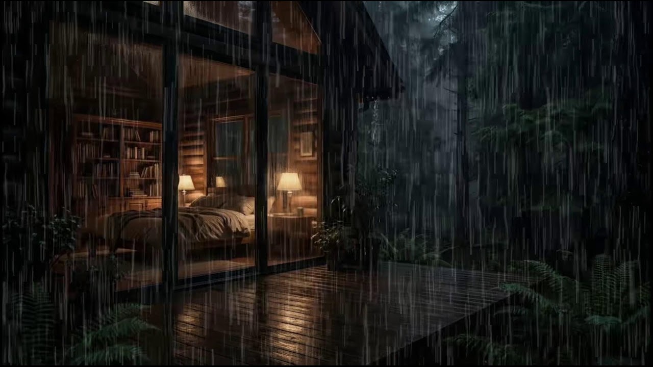 Nighttime Forest Cabin 🌲 | Relaxing rain ambience as soft rain surrounds the peaceful woods