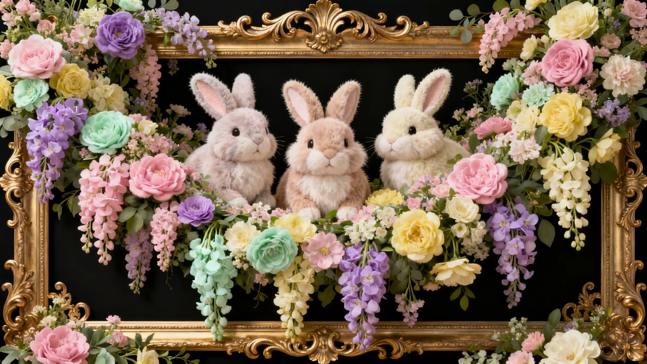 Easter Pastel Flowers & Bunnies in a Golden Frame 🐰🌸 | 4K Frame TV Art | Spring TV Wallpaper