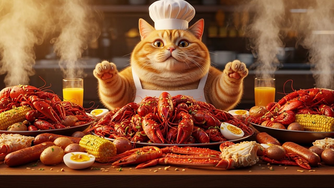 Fat Cat Chef Mukbang | Seafood Boil Feast 🦞 Garlic Butter Crawfish, Corn, Sausage & Eggs 😻