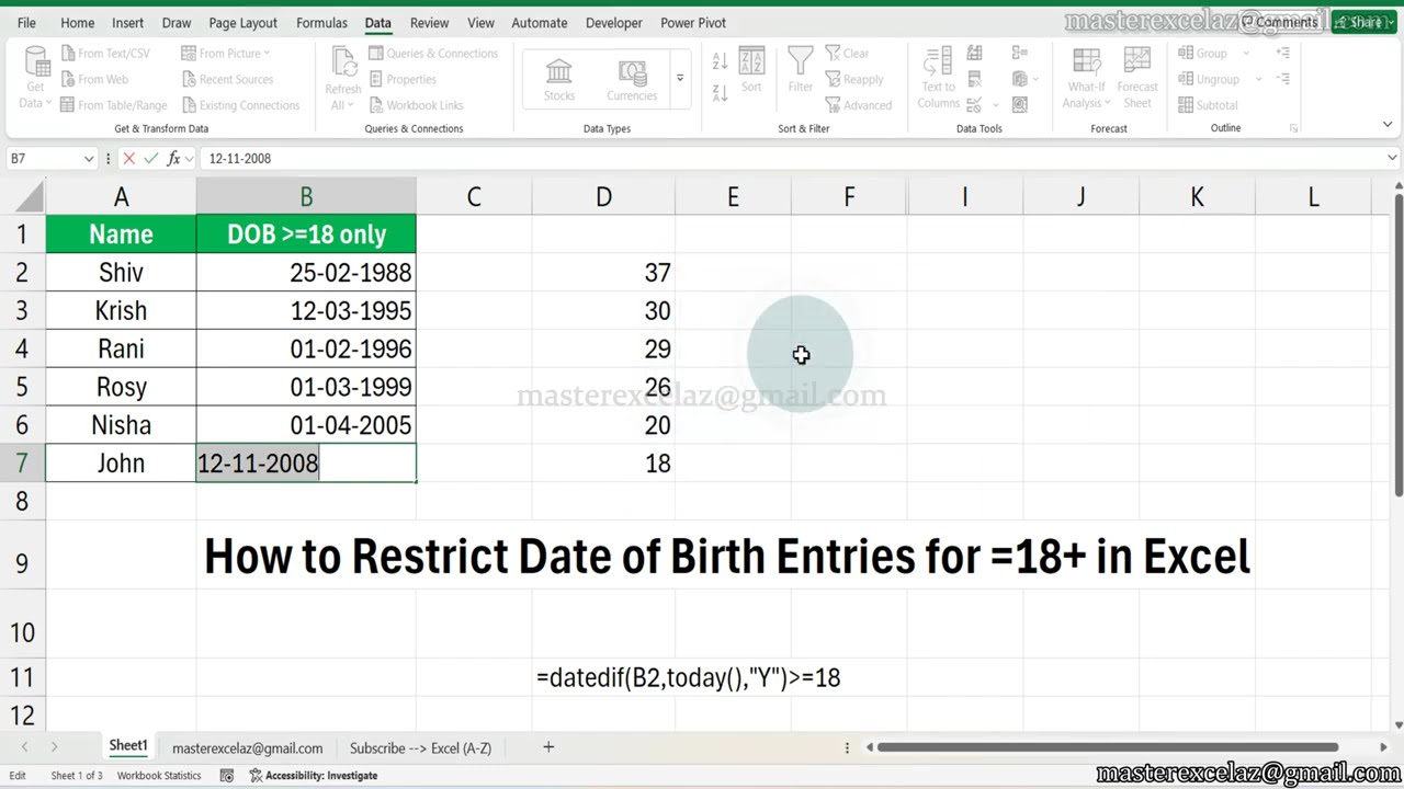 How to Restrict Date of Birth Entries for Equal to 18 or 18+ in Excel - Excel Tips and Tricks