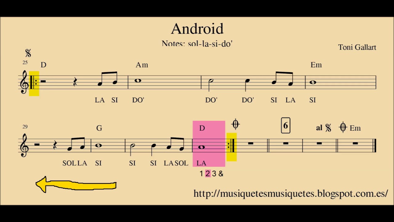 Android.  Partitura flauta, violín, oboe,... + audio. SI melodía. C instruments.