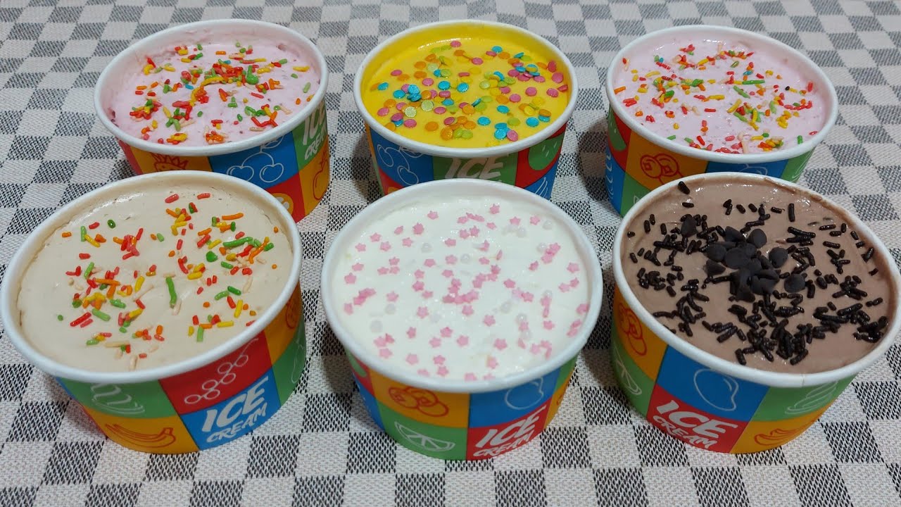 ايس كريم 🍨 في 5 دقايق ب 6 نكهات مختلفة بدون ماكينة وبدون كريمة ( ايس كريم اقتصادي)