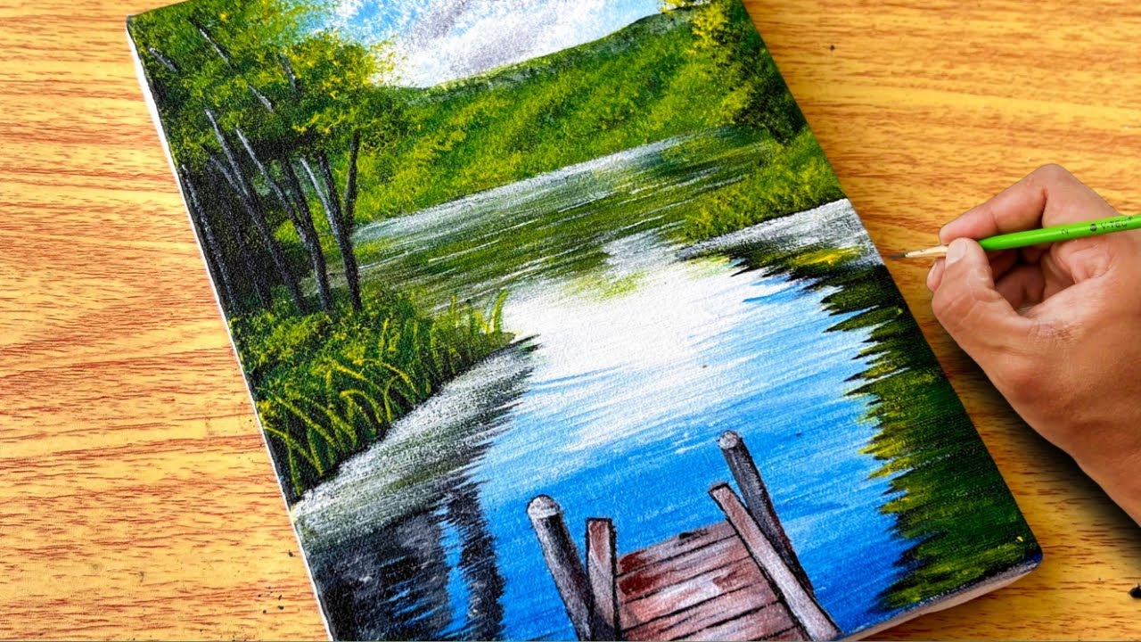 Lake and Dock Scenery Painting / Canvas Painting / Painting Tutorial