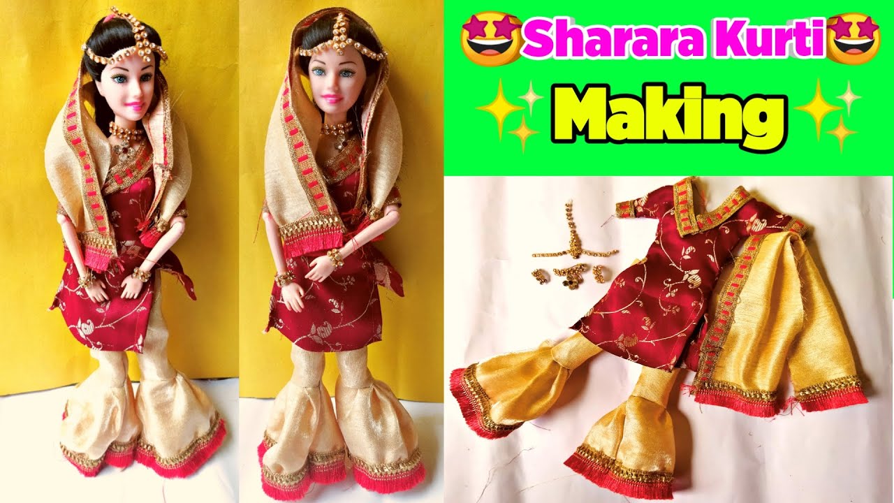 How To Make Sharara Kurti For Barbie Doll | Sharara Kurti Making For Doll | Easy Diy Sharara Kurti