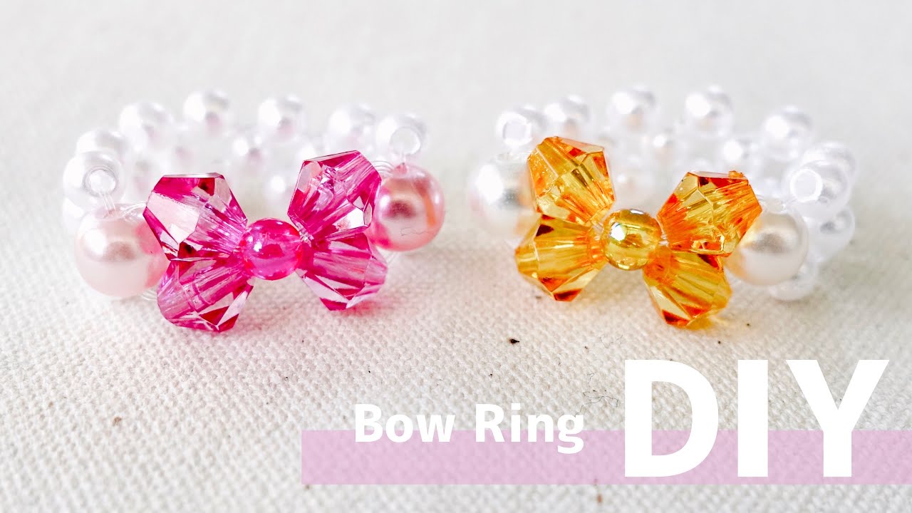 DIY🎀 How to make Beaded Cute Bow Rings|tutorial|簡単！キラキラかわいい リボンのビーズリングの作り方♪ 初心者/キッズ /テグス編み|ビーズの指輪