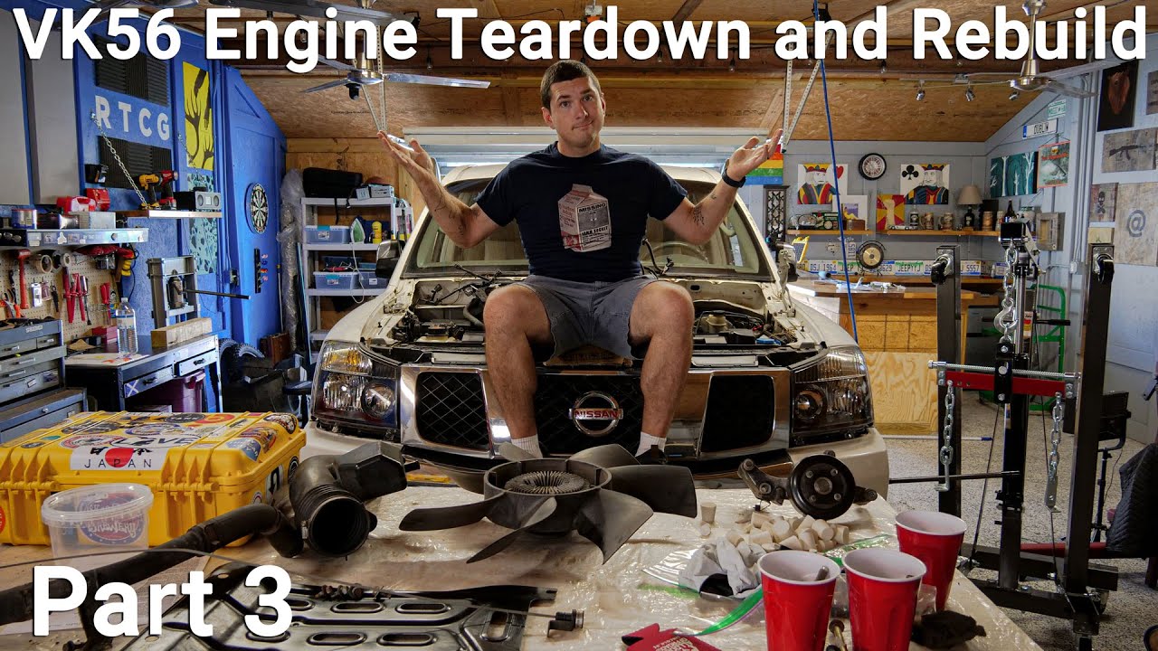 VK56 Engine Rebuild Part 3  (Removing the A/C pump, P/S pump, Rad hoses, etc…)