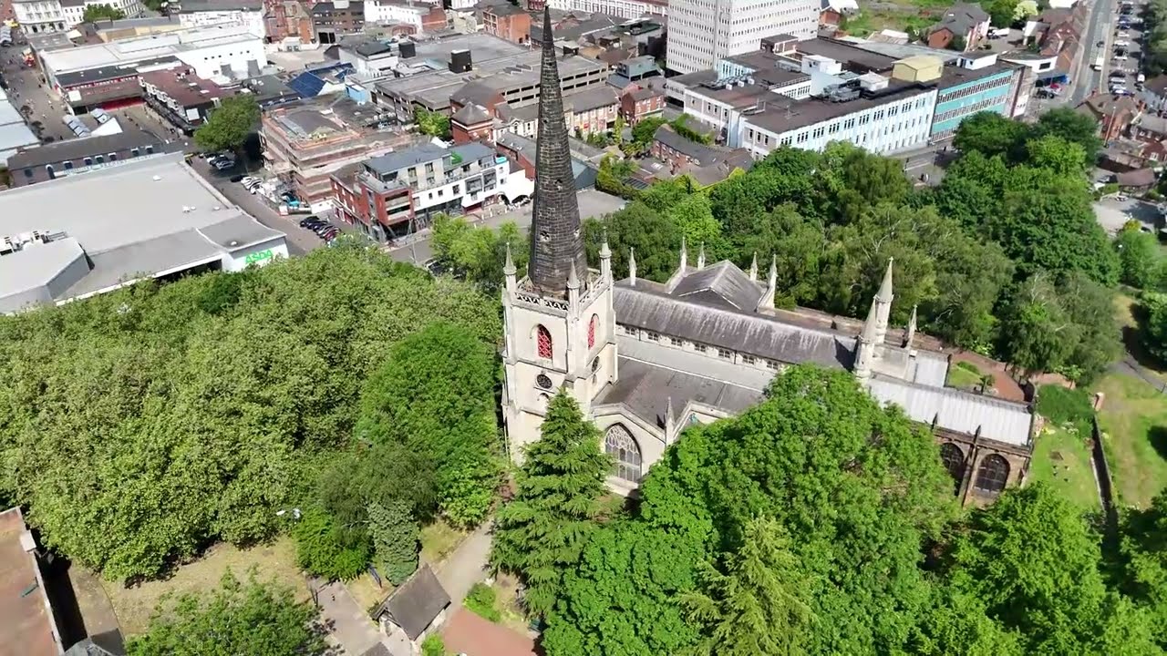 Drone view of St Matthews Church, Walsall, West Midlands. Church On the Hill ..