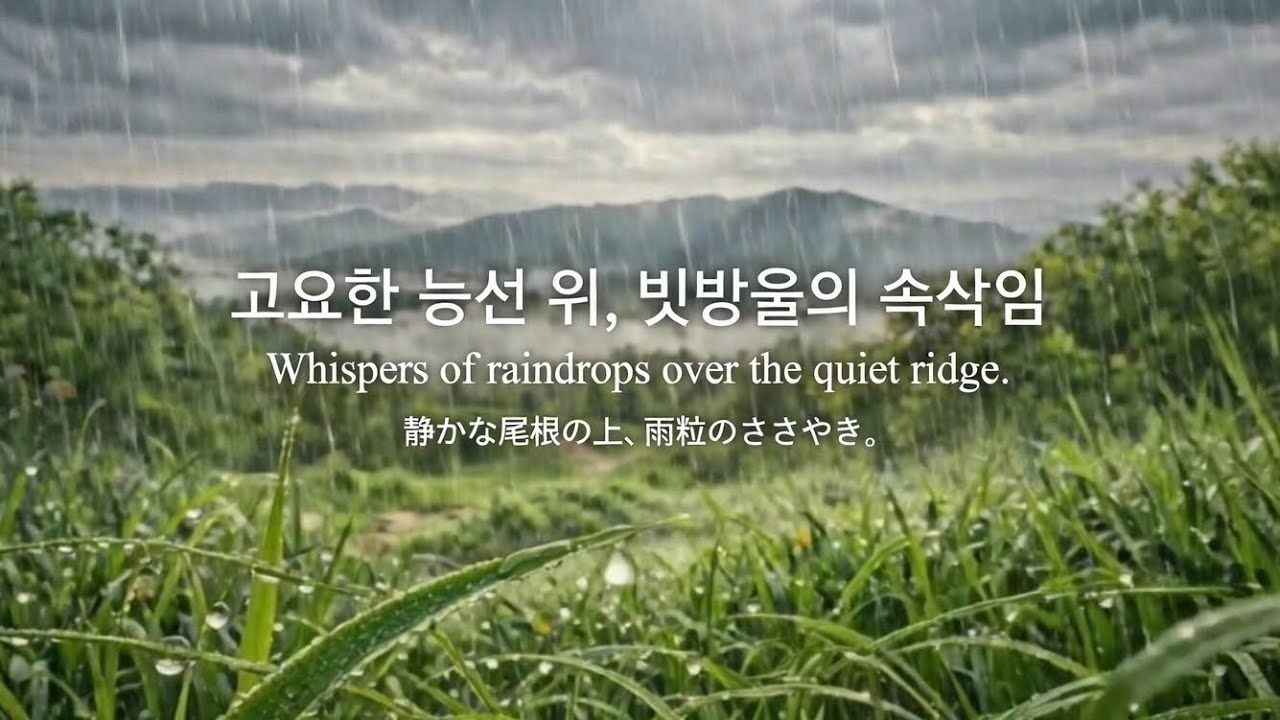 산등성이 무성한 풀잎 위로 내리는 비, 마음을 적시는 힐링 풍경.  Rain Falling on the Lush Mountain Ridge.青々とした山の尾根に降る雨 ― 心を癒す風景