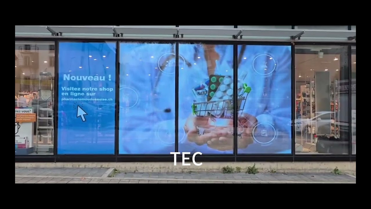 Pharmacy store window glass transparent video solutions, Mirage-3.9mm Adhesive mesh LED screen show