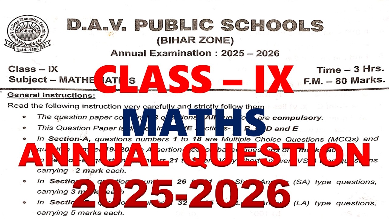 DAV CLASS 9 MATHS PREVIOUS YEAR QUESTION PAPER | ANNUAL EXAM  | 2025-26 | MATHS