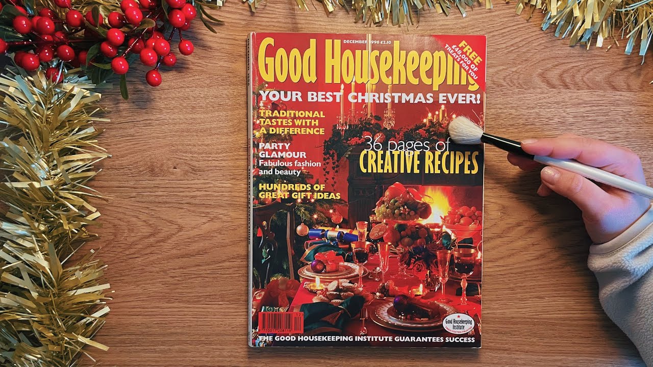 🎁ASMR 1990s Vintage Christmas Magazine Flip Through (whispering, tracing, brushing, paper sound) 🎄