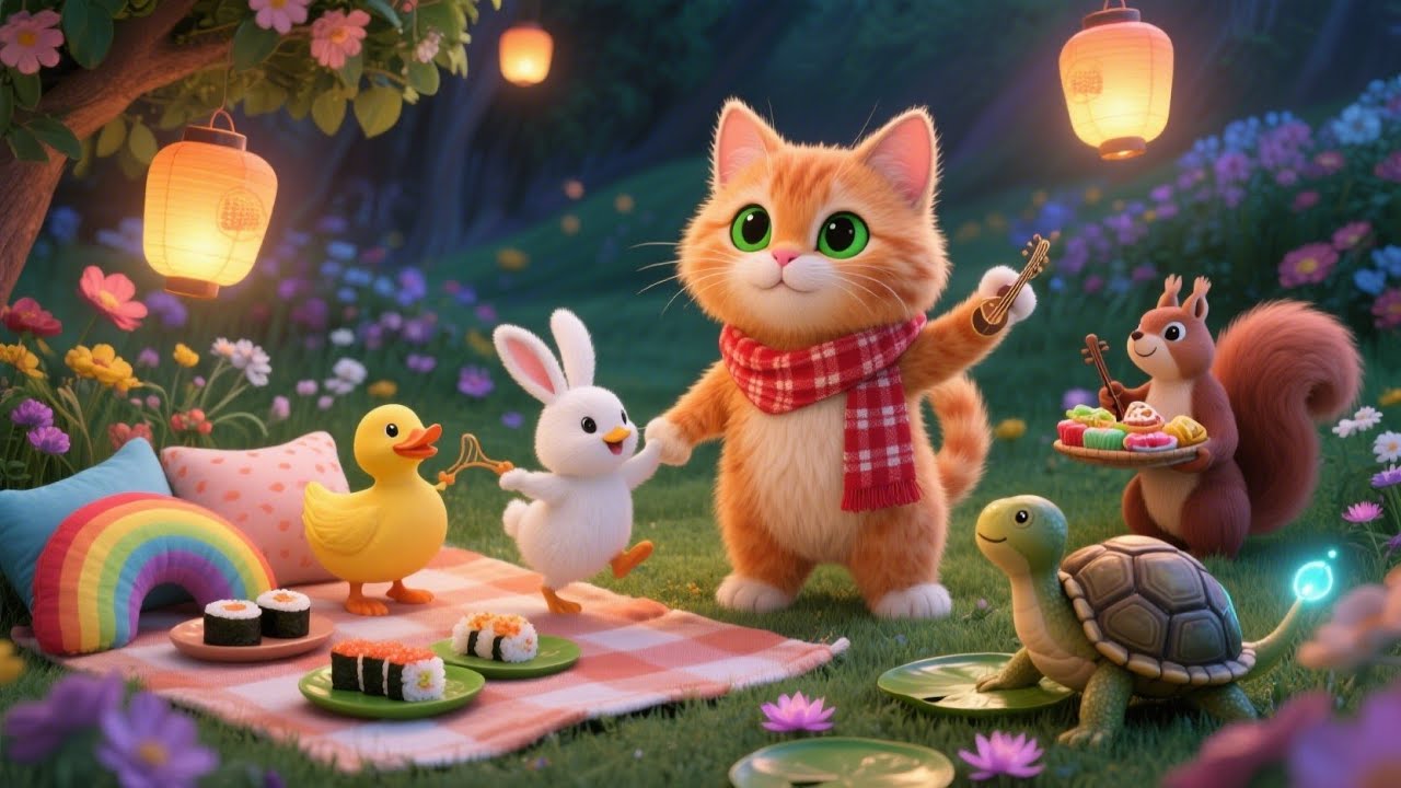 An orange Cat's Magical Picnic Sharing Treats and Love 🍣