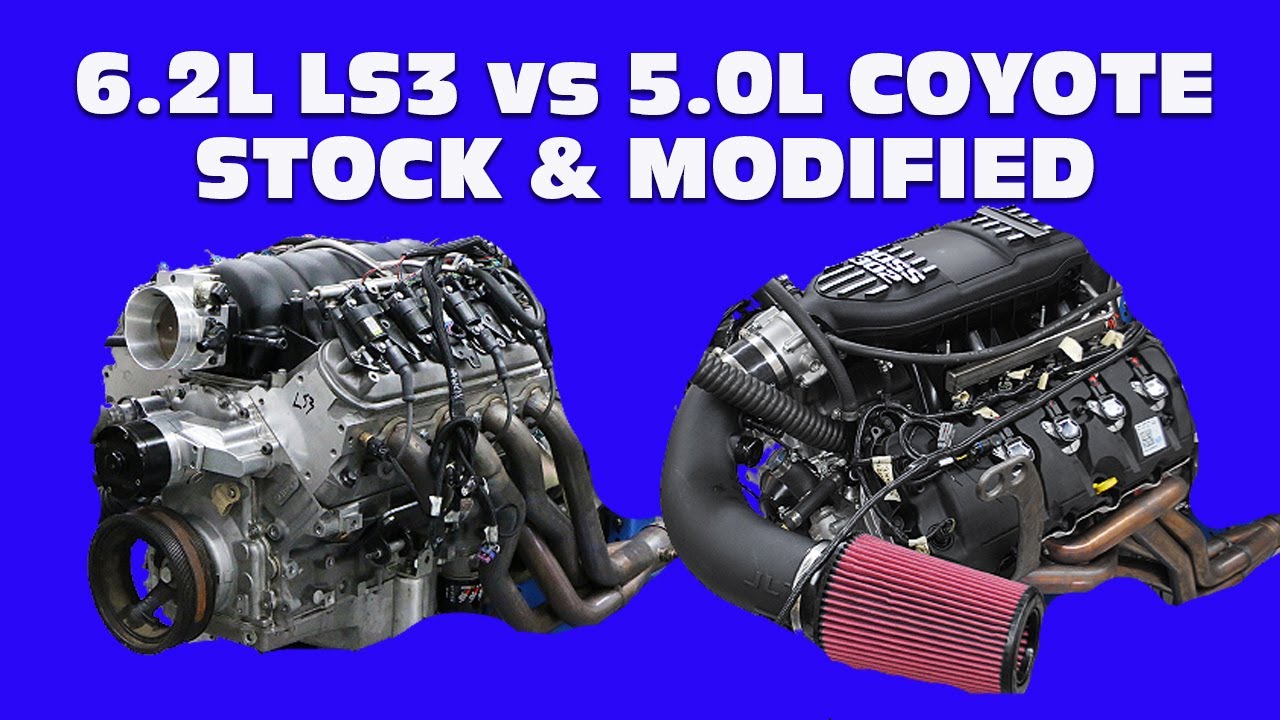 5.0L COYOTE VS 6.2L LS3, CAMARO VS MUSTANG, WHICH MAKES MORE HP STOCK AND MODIFIED? CRATE VS CRATE