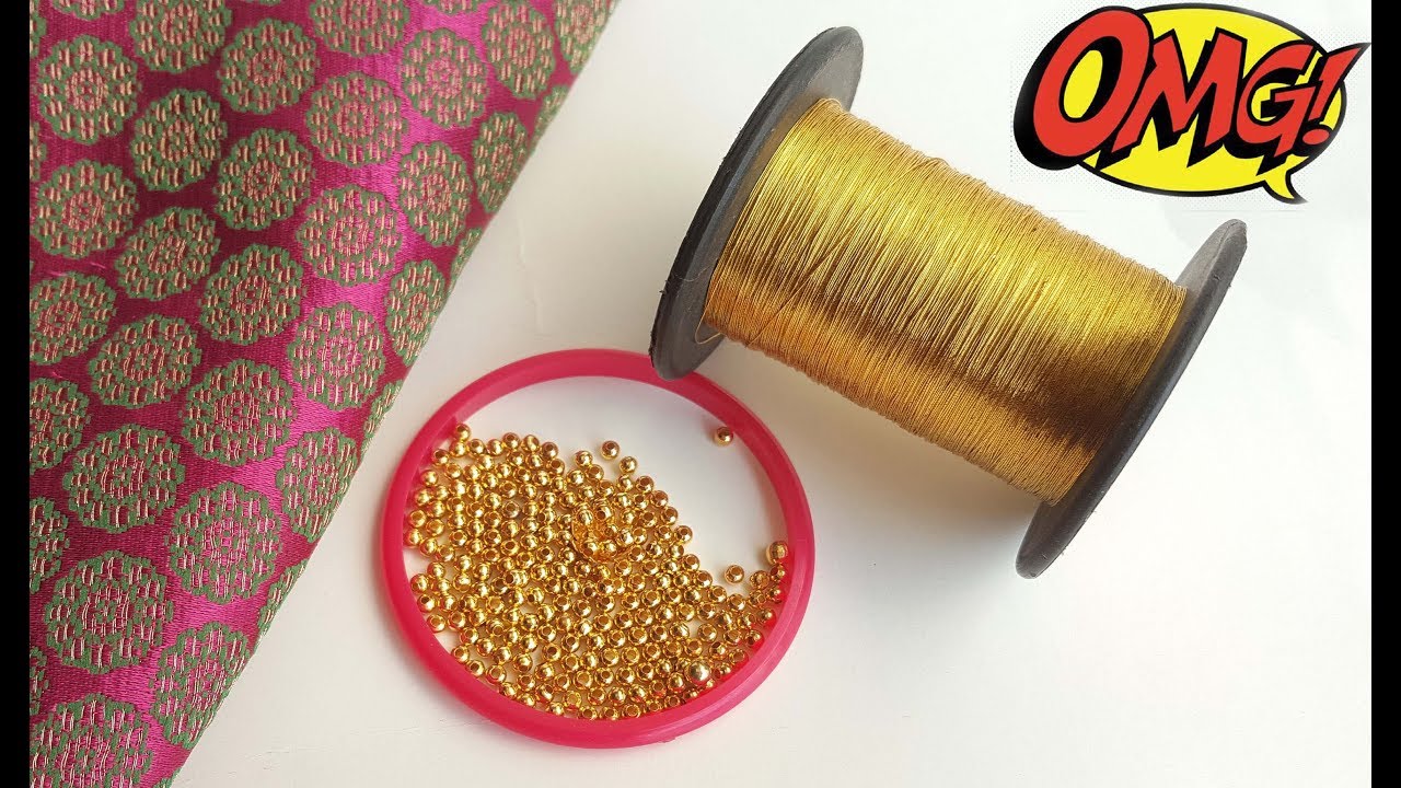 How to make designer fabric earrings using zari thread and gold beads