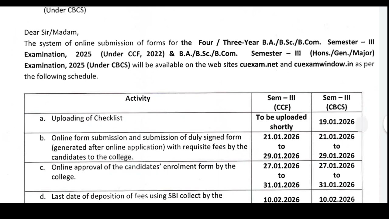 CU CBCS / CCF SEM-3 Form Fill Up, Exam Date, Check List 2026