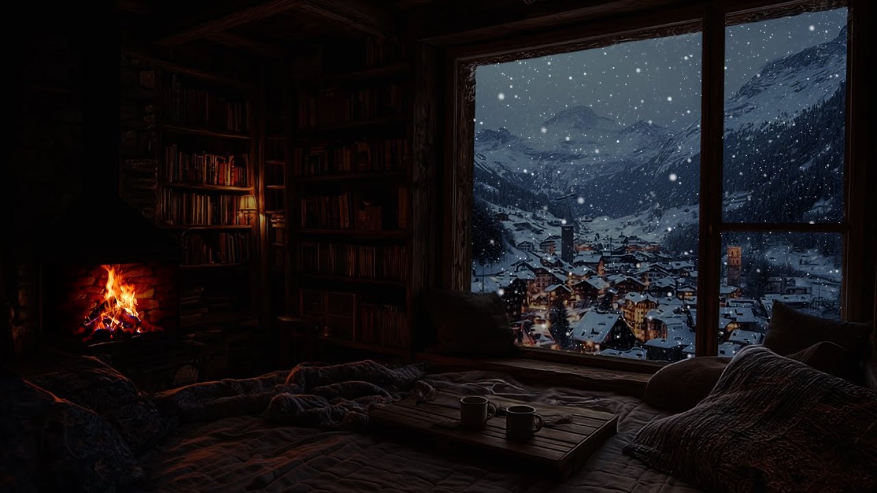 Firelight Beneath Softly Falling Snow ❄️ A Calm Winter Night Atmosphere for Rest