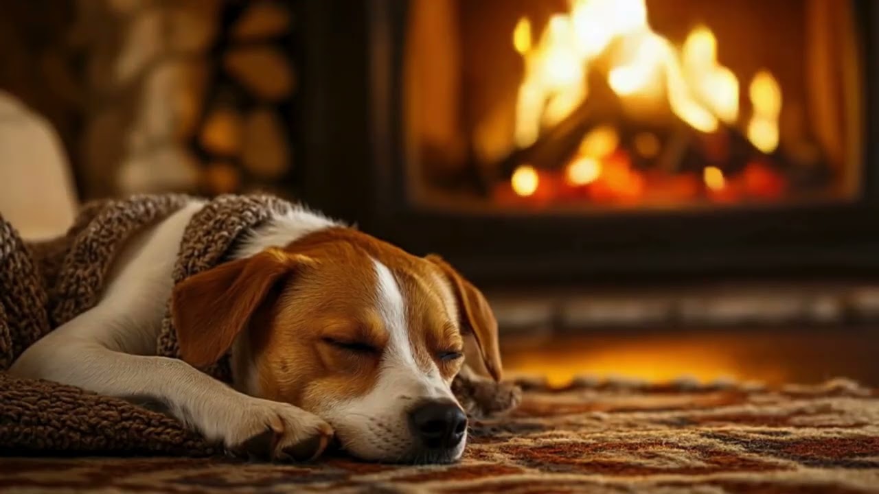 Cozy Fireplace with Sleeping Dog 🐶 Relaxing Ambience & Crackling Fire Sounds for Sleep