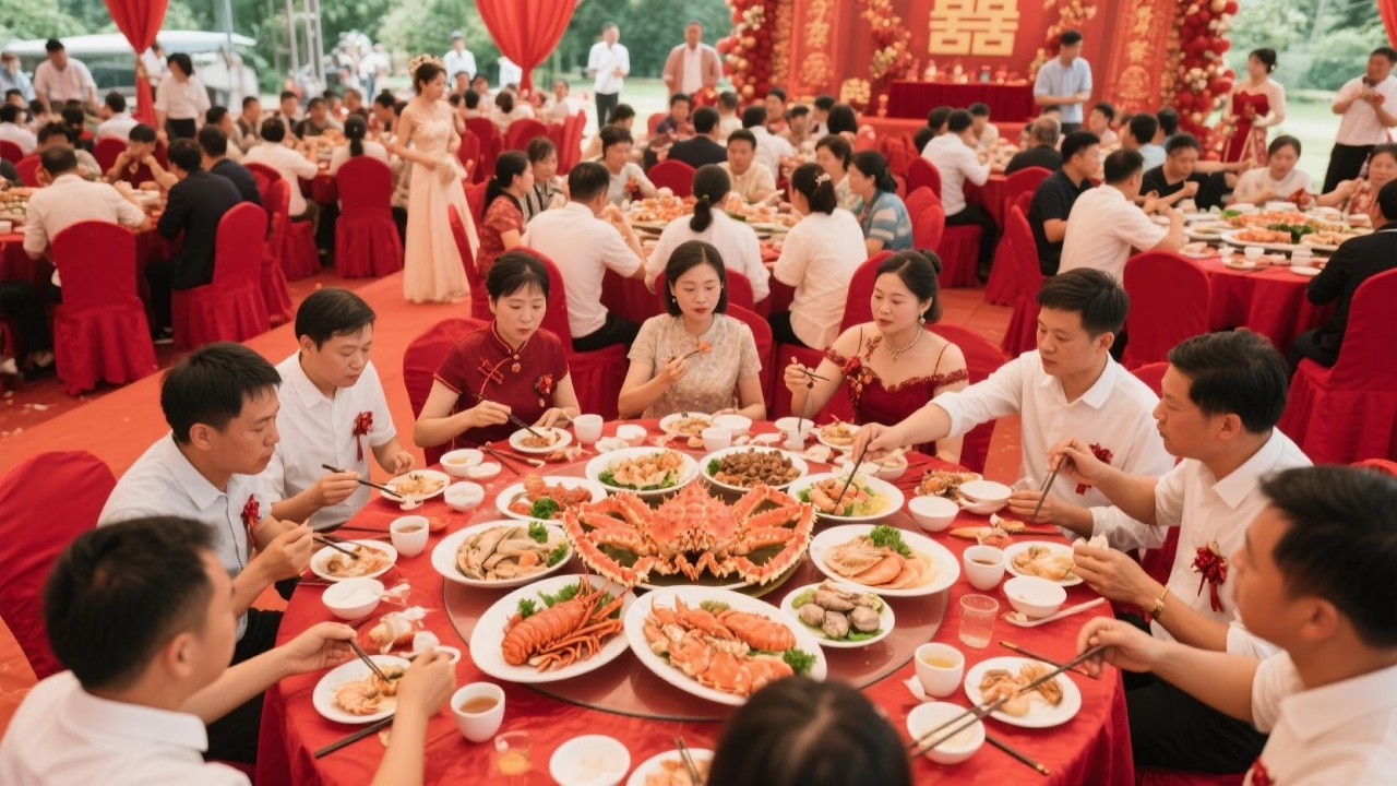 随200来安徽蒙城粉丝家搂席～新娘甜美可爱好喜欢，1000一桌26道菜竟然有波龙鲍鱼大羊腿太丰盛了【我是忐忑妞】