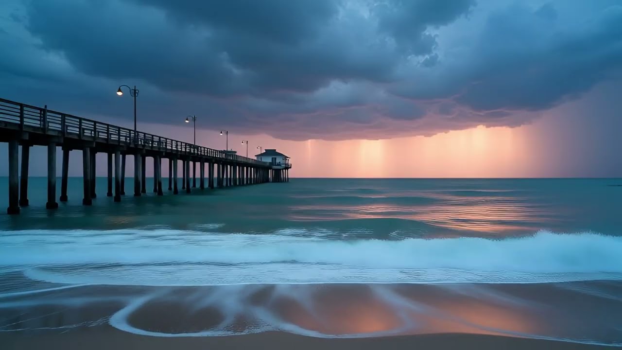 10 Hours of Ocean Waves & Distant Thunder | Storm Rolling In at a Long Pier, Deep Sleep & Relaxation