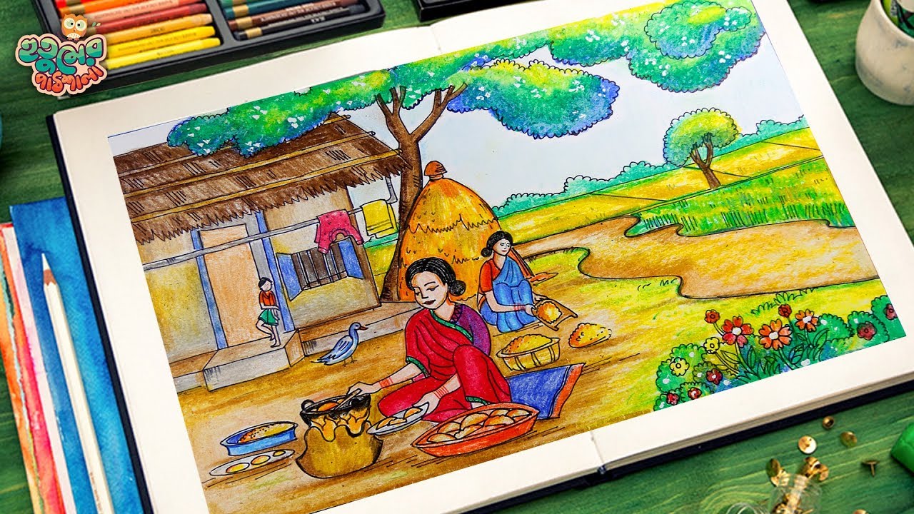Draw village scenery beautiful | Village women winter pitha making drawing tutorial
