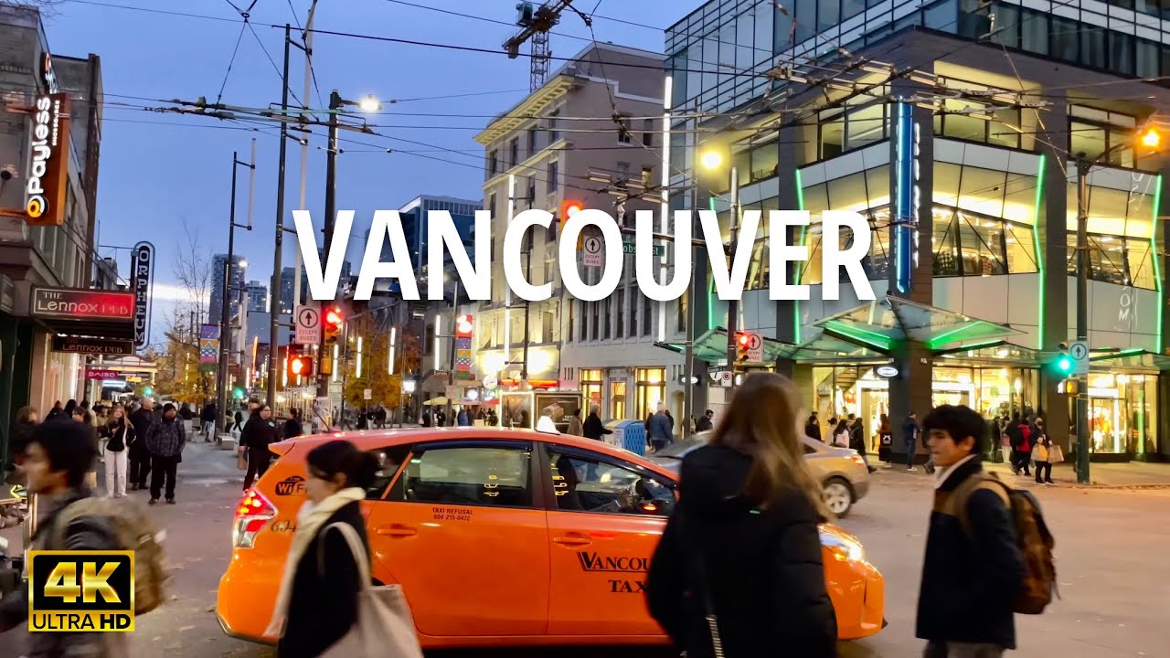 [4K] Downtown Vancouver Autumn Night Walk - Robson St, Granville, Canada Place Oct, 2022