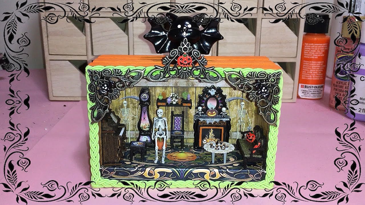 DIY Tutorial and Tour of Halloween Dollhouse Miniature Room Box 1:48 Scale (Spooky Roombox Part 5)