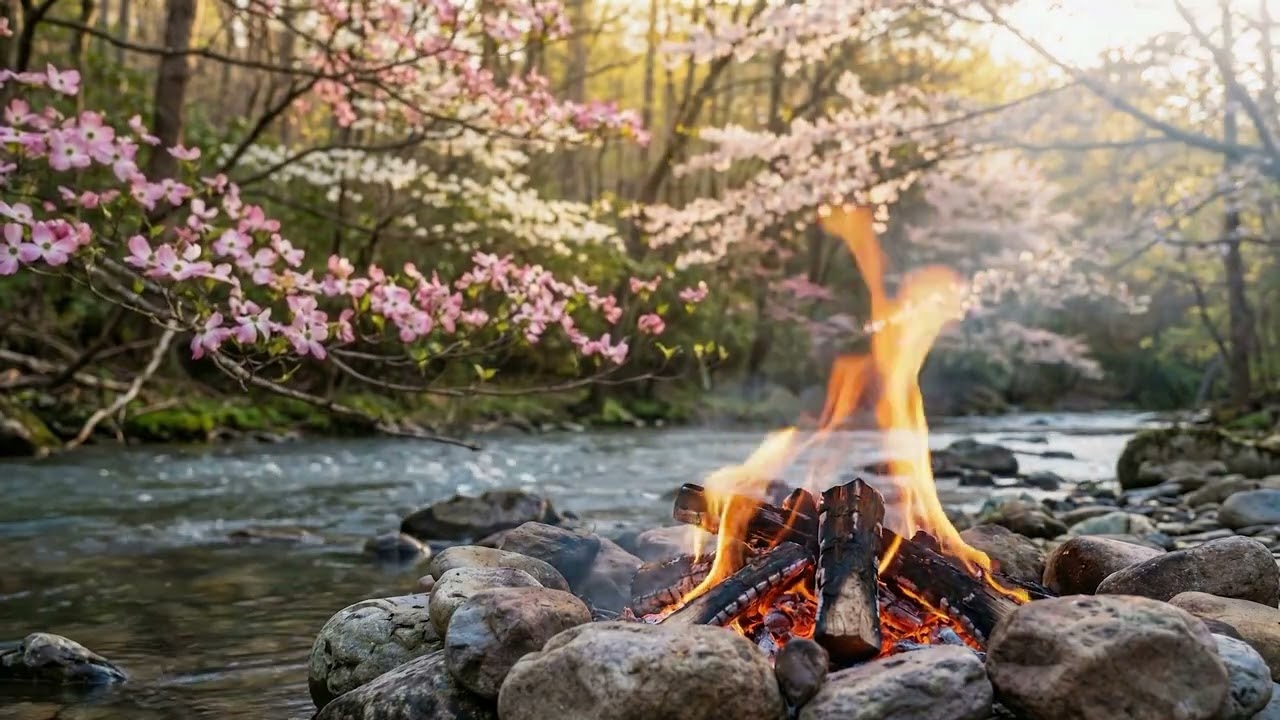 Spring Campfire by a Peaceful River 🌸🔥 | Crackling Fire & River Ambience