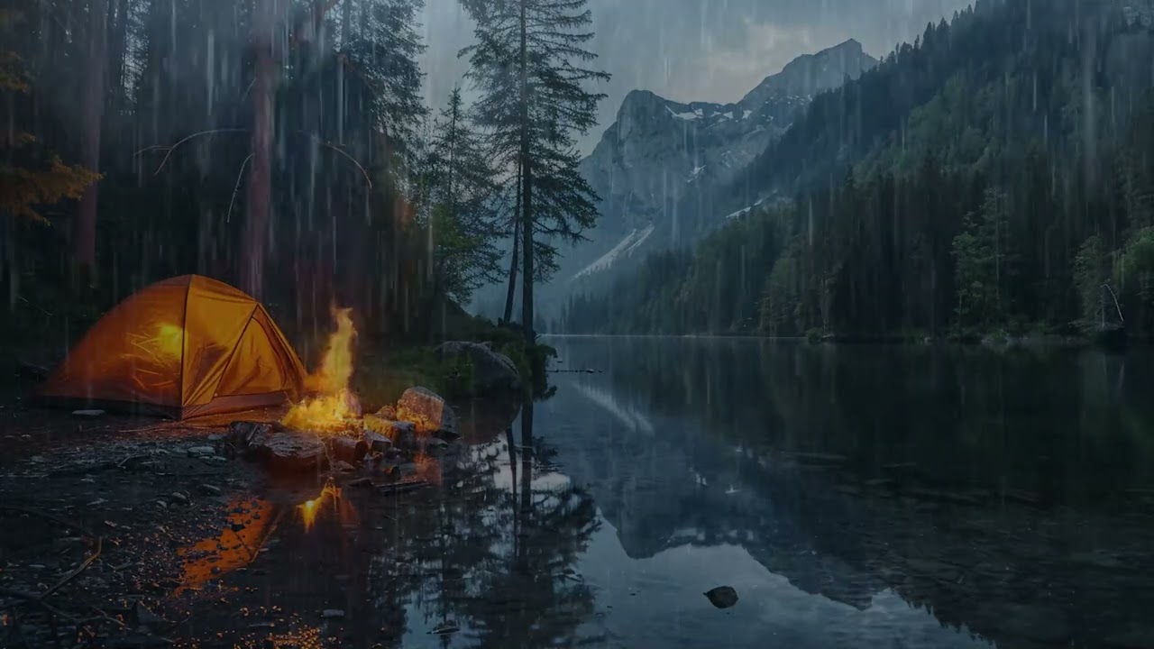 Regen fällt leise auf das Zelt – Lagerfeuerwärme und Naturgeräusche für eine ruhige Nacht