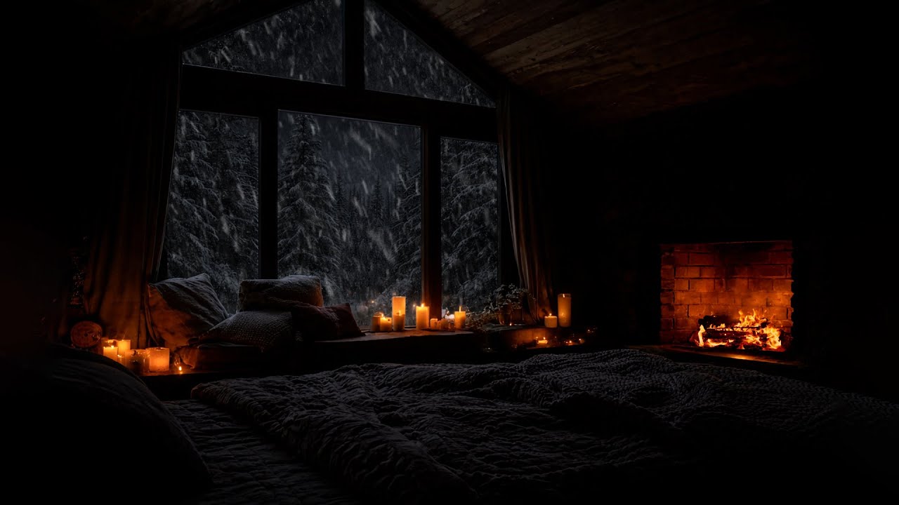 Cozy Winter Cabin Sleep Sounds 😴❄️ Blizzard Snow Outside + Crackling Fireplace for Deep Relaxation