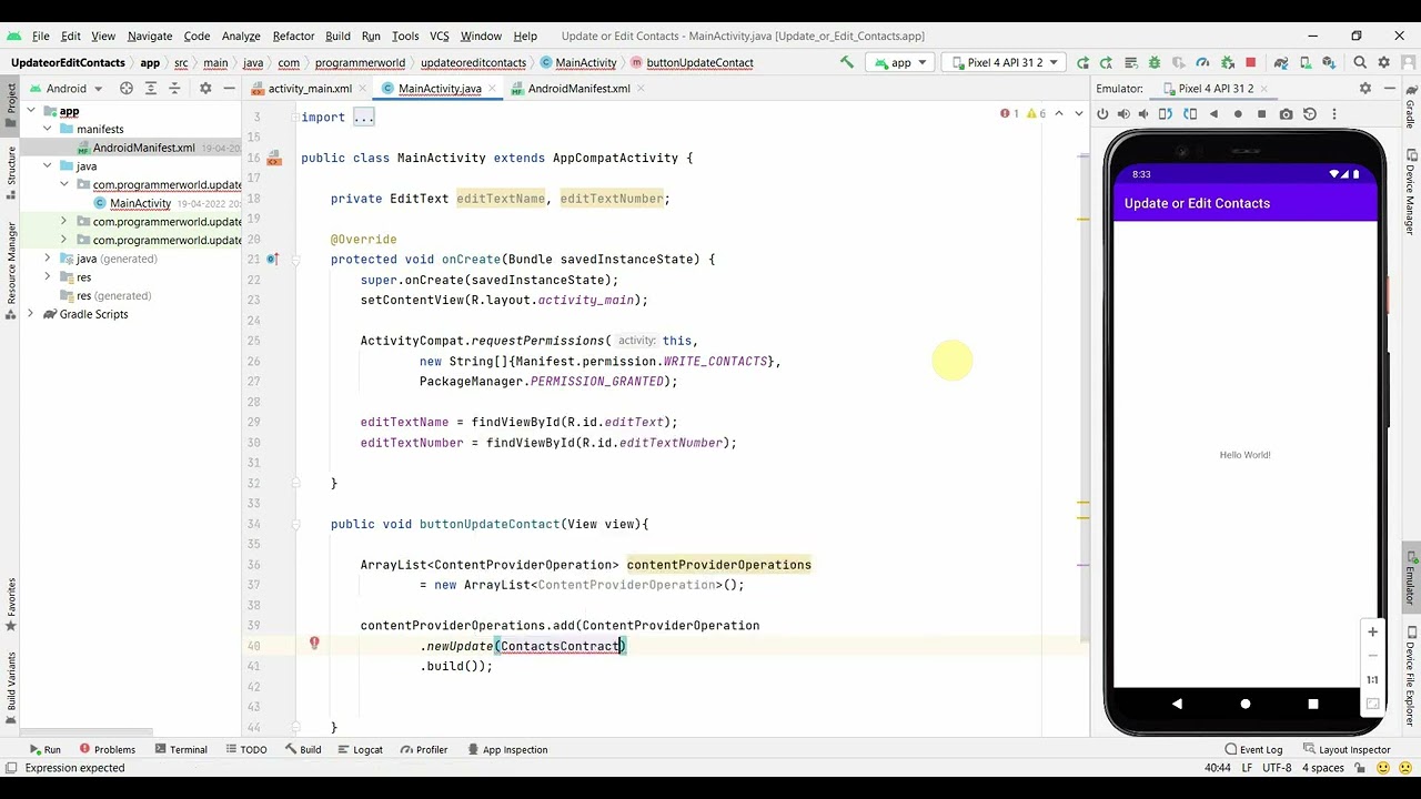 How to update or edit an existing contact in your phone from your App? - Android Studio code