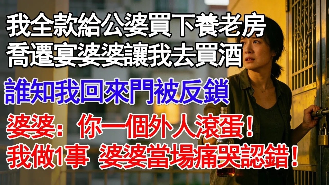 我全款給公婆買下養老房喬遷宴婆婆讓我去買酒誰知我回來門被反鎖婆婆：你一個外人滾蛋！我做1事 婆婆當場痛哭認錯！#故事分享 #人生感悟 #情感#為人處世 