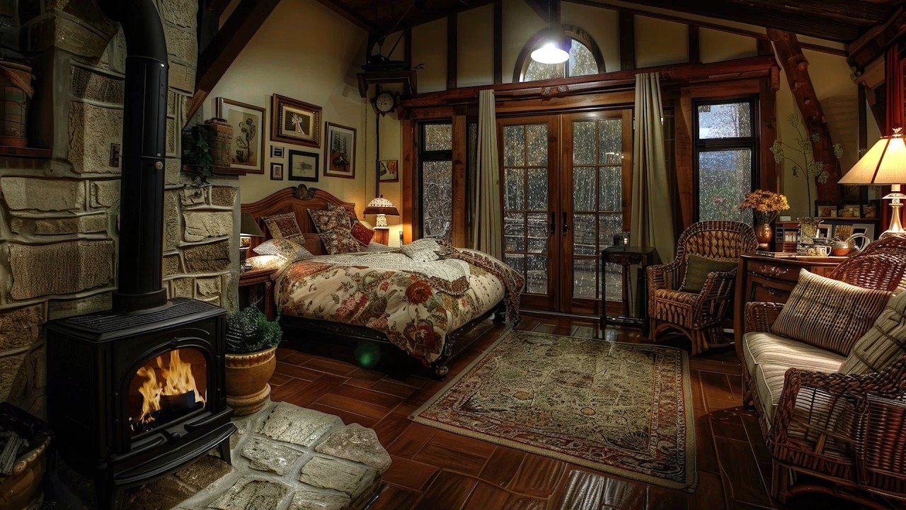 🔴Cozy Rain Ambience | Cosy Rainy Cabin with Relaxing Fireplace Burning Sounds for Deep Sleep💤