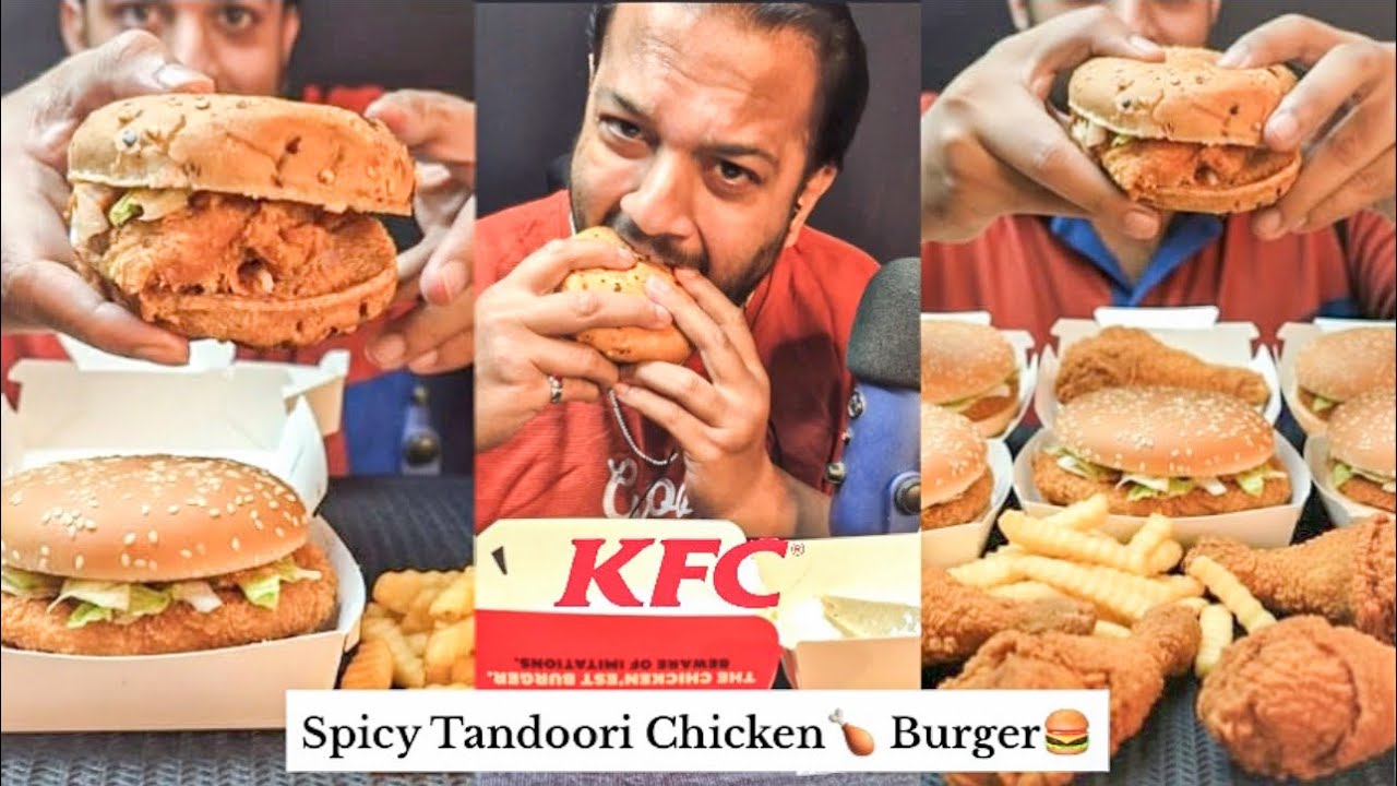 SPICY KFC TANDOORI CHICKEN BURGERS 🍔 CRISPY CHICKEN🍗 & KAJU KATLI🍰  FAST FOOD MUKBANG 