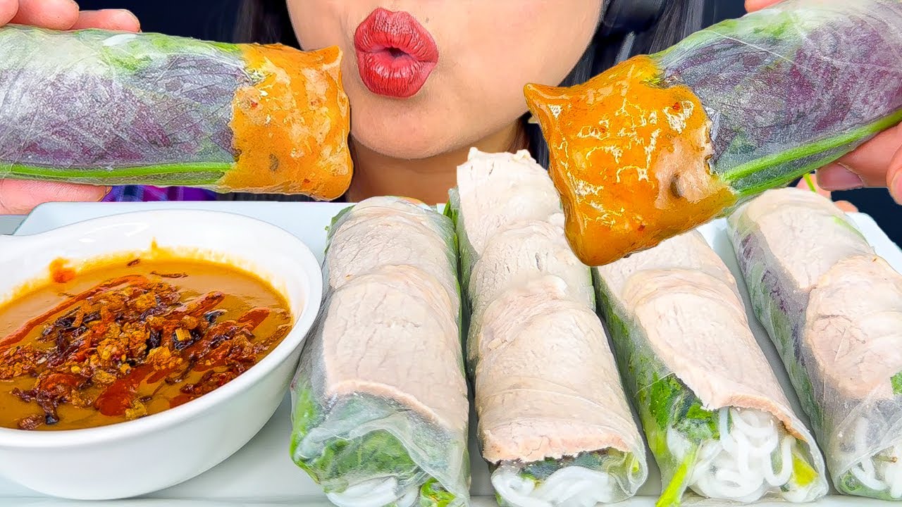 PORK BELLY SPRING ROLLS DIPPED IN MY FAMOUS PEANUT SAUCE | MUKBANG | EATING SOUNDS | ASMR Phan