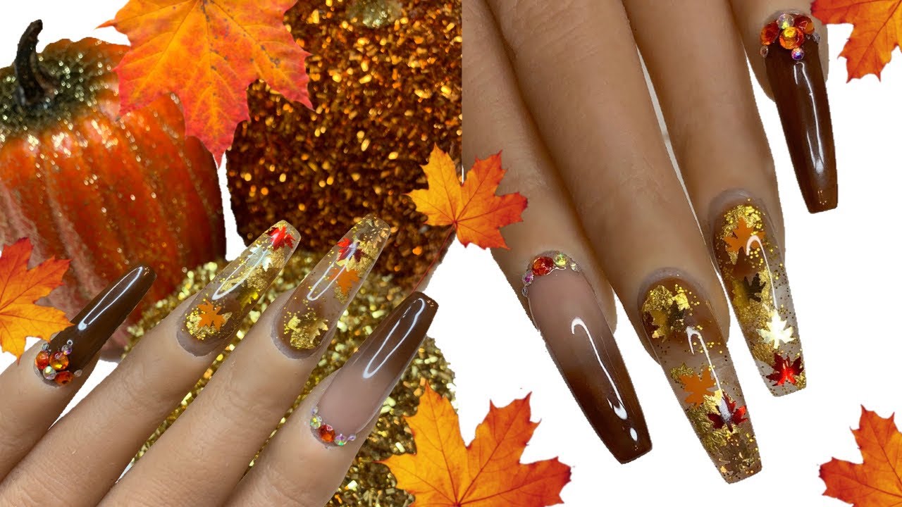 Fall Marble Gold Foil Leaf Acrylic Nails Tutorial