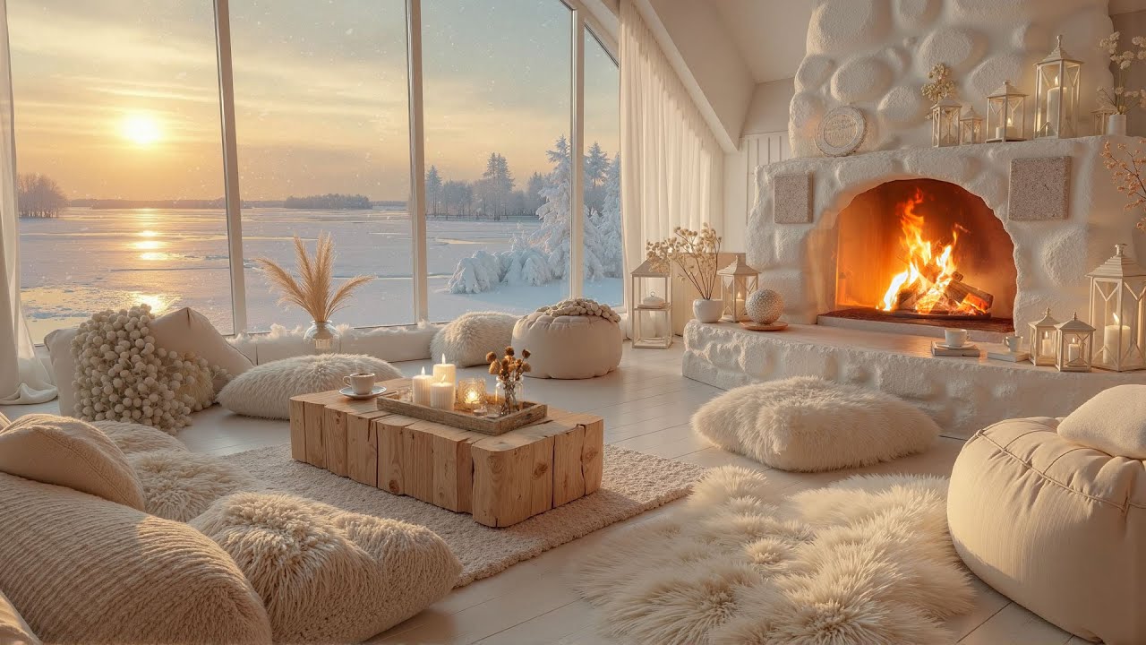 ☕ Relaxing Winter Sunrise Coffee Jazz in a Quiet Lakeside Cabin ❄ Fireplace Ambience for Study, Work