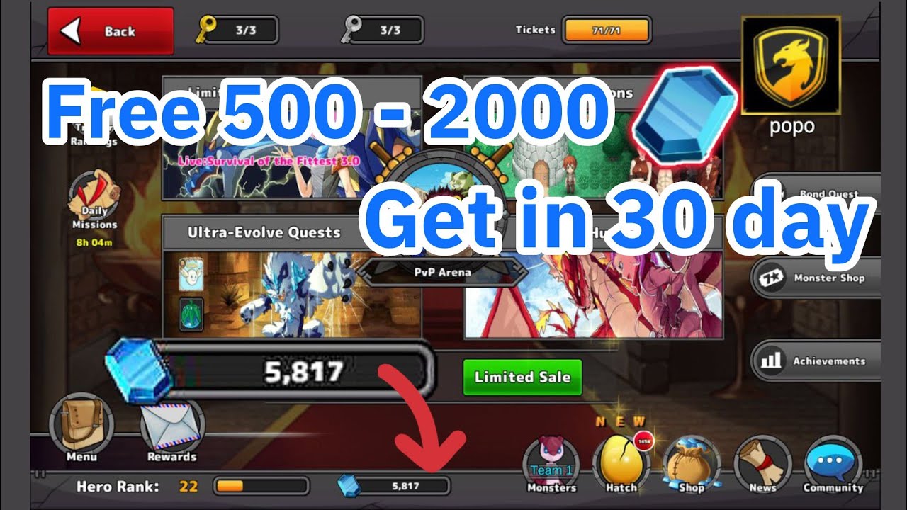 Neo monster free 500to2000 gems in 30 days (you have 500 gems)