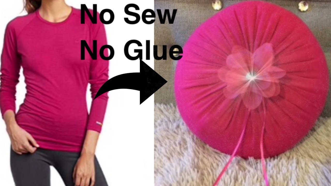 REUSE old T-SHIRT to make a no sew no glue Round CUSHION